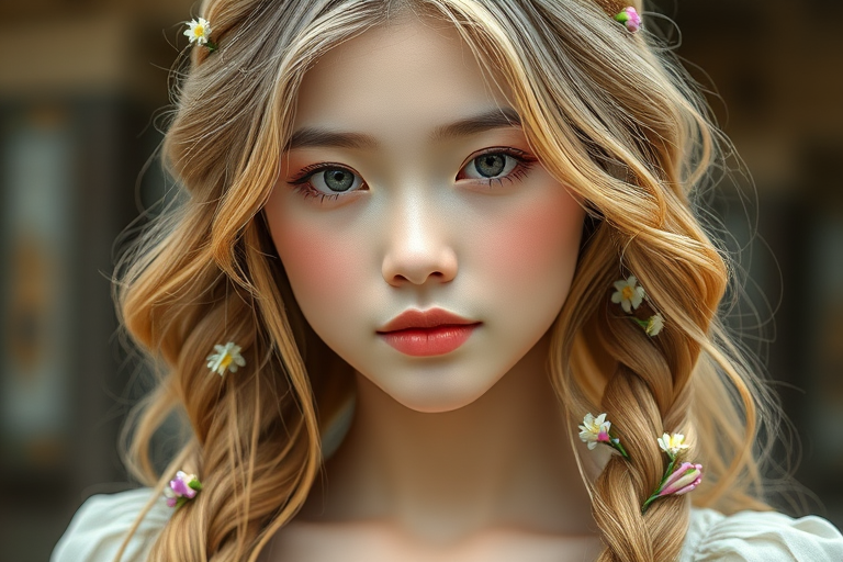 Create an image of a young Chinese woman with long, wavy blonde hair, adorned with small, colorful flowers woven into her braids and loose strands. Her complexion is fair, with soft, glowing skin, and she has light blue eyes that gaze softly at the viewer. She wears a light, flowing dress with a gentle, ethereal quality, complementing her delicate and serene appearance. The background is slightly blurred, drawing focus to her tranquil expression and the intricate details of the flowers in her hair. The overall mood of the image is one of natural beauty and grace, evoking a sense of peacefulness and connection with nature.
