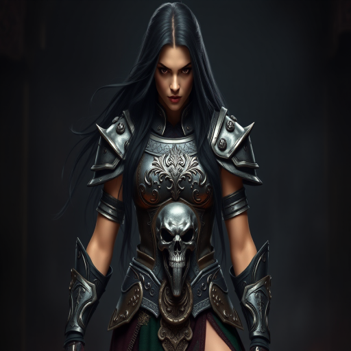 Create a photo of a fierce female warrior with long black hair, wearing an ornate, metallic armor. The armor includes a breastplate with intricate designs, shoulder guards, and gauntlets. The breastplate is decorated with a central emblem, possibly representing a mythical symbol, and has a sculpted, form-fitting design. She wears a belt with a large skull ornament at the center, and her armor extends into a partial skirt, revealing one leg. The overall look is both protective and stylish, with a dark, gothic aesthetic. The background is dimly lit, suggesting a medieval or fantasy setting, enhancing the warrior's imposing presence and intense expression.