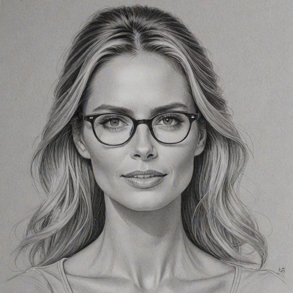 Wonderful Heidi Klum, pencil sketch, portrait of Fascinating woman 1953s in glasses, hair style beatnik, outline, clear lines, fine lines, 8k