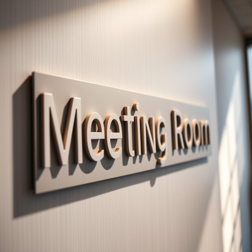 A close-up shot of a modern meeting room sign with clean lines and minimalist design, natural light illuminating the surface, aperture f/2.8, ISO 100, shutter speed 1/60 sec, captured with a DSLR camera in macro mode.