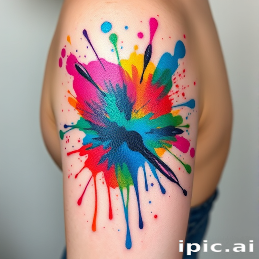 Watercolor splash tattoo known as "Chromatic Explosion" with vibrant paint splatters and drips in a rainbow of colors creating an abstract and dynamic design that appears to be in constant motion