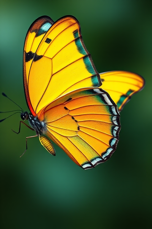 Create an illustration of a butterfly with vibrant yellow wings and teal accents, using a high-resolution digital camera with a 50mm lens, aperture set to f/2.8, ISO 100, shot in macro view to capture intricate details and vivid colors.