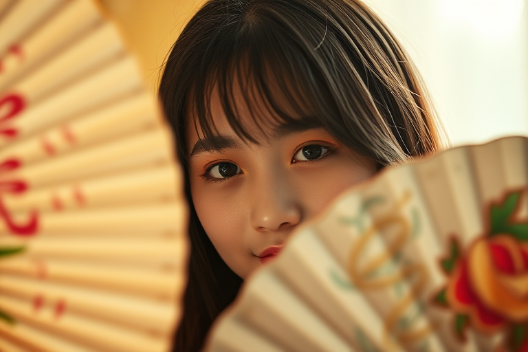 portrait of a young woman partially hiding her face behind a decorative fan, soft natural lighting, shallow depth of field, 50mm lens, f/1.8, ISO 100, shallow focus, warm tones, captured with a DSLR camera