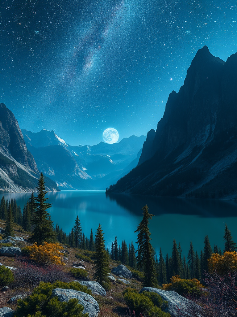 Create a digital illustration of a fantasy landscape featuring a serene lake surrounded by towering mountains under a starry night sky, camera settings ISO 100, aperture f/8, shutter speed 1/125s, wide-angle lens, shot from a low angle perspective, high dynamic range styling, using a full-frame DSLR camera.
