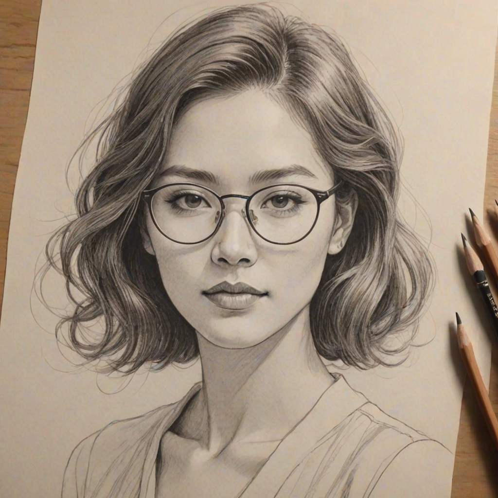 Attractive Lynn Chen, pencil sketch, portrait of Gorgeous woman 1921s in glasses, hair style beatnik, outline, clear lines, fine lines, 8k