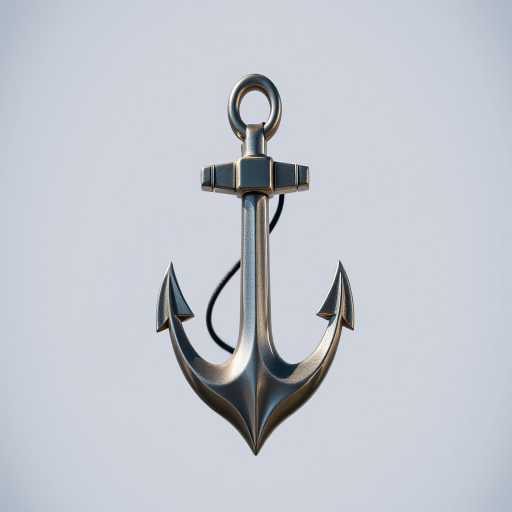 Create a high-resolution image of a bold, stylized anchor with a shiny metallic finish, using a Canon EOS 5D Mark IV with a 50mm f/1.8 lens at f/8, ISO 200, in natural light to enhance detail and clarity.