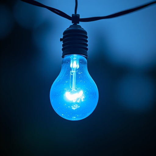 Create a high-resolution image of a glowing blue lightbulb hanging from a thin wire, taken with a DSLR camera at f/2.8, ISO 100, 1/250 sec, using a macro lens from a low angle perspective to emphasize the light and details in the bulb.