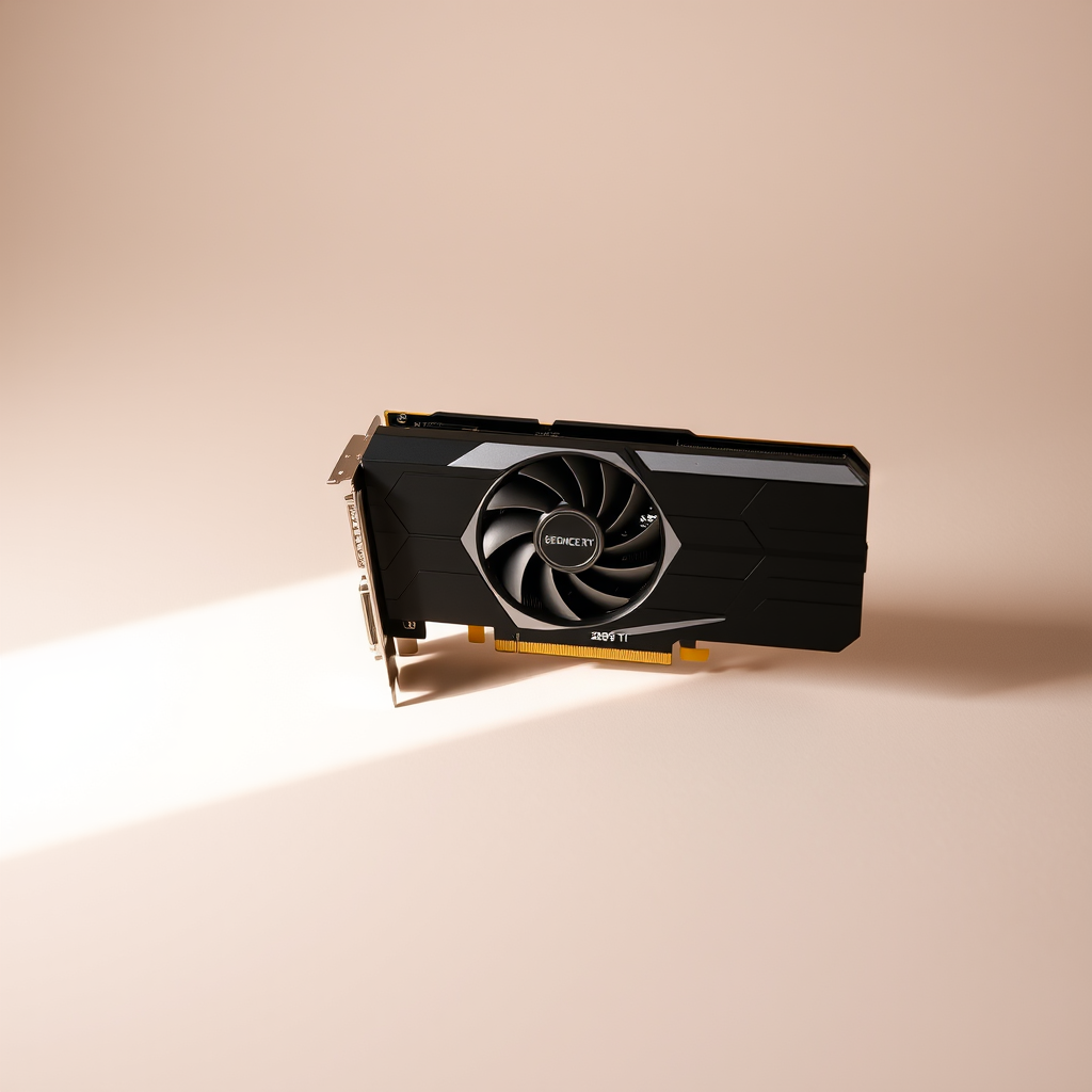 Generate a high-quality image of a GeForce RTX 2080 Ti graphics card on a plain neutral background with soft lighting, using a DSLR camera at f/2.8 aperture, ISO 100, 50mm lens, and 1/125 sec shutter speed to enhance detail and clarity.