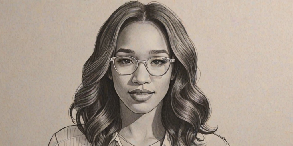 Wonderful Candice Patton, pencil sketch, portrait of Lovely woman 1971s in glasses, hair style beatnik, outline, clear lines, fine lines, 8k