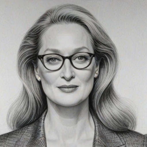 Captivating Meryl Streep, pencil sketch, portrait of Captivating woman 1971s in glasses, hair style beatnik, outline, clear lines, fine lines, 8k