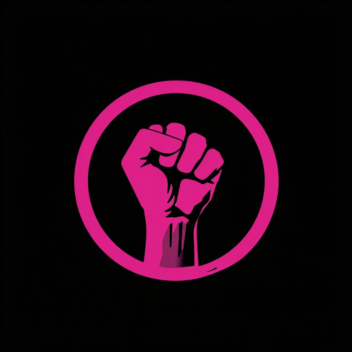 Create a vibrant graphic of a raised fist inside a circle, symbolizing feminism, with a bright pink color scheme on a solid black background, shot with a Canon EOS R5 at f/8, ISO 100, 1/200 sec, using a macro lens for sharp detail and vivid colors.