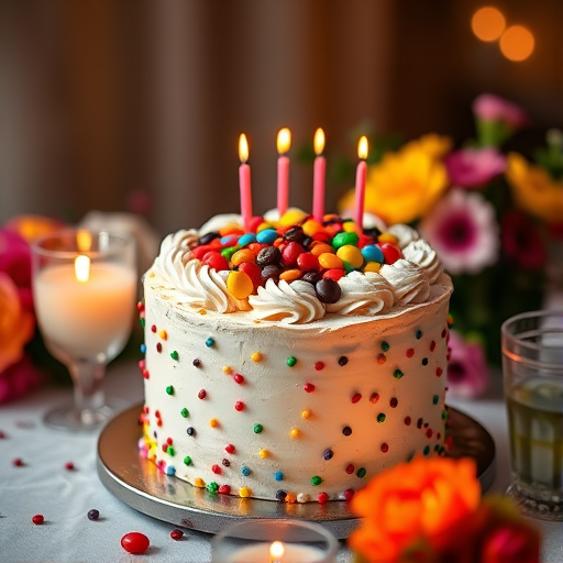 A beautifully decorated cake with colorful candies on top, set on a table with soft candlelight, surrounded by vibrant flowers and a glass of drink, captured with a Canon EOS R5, 50mm f/1.2 lens, aperture f/1.2, shutter speed 1/125 sec, ISO 100, soft focus background for a bokeh effect.