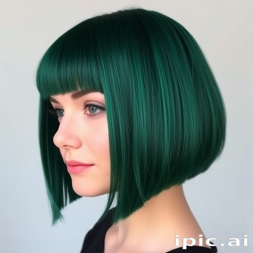 Deep emerald green hair styled in a sleek, chin-length bob with micro bangs, the Jade Precision cut radiates confidence and avant-garde sophistication