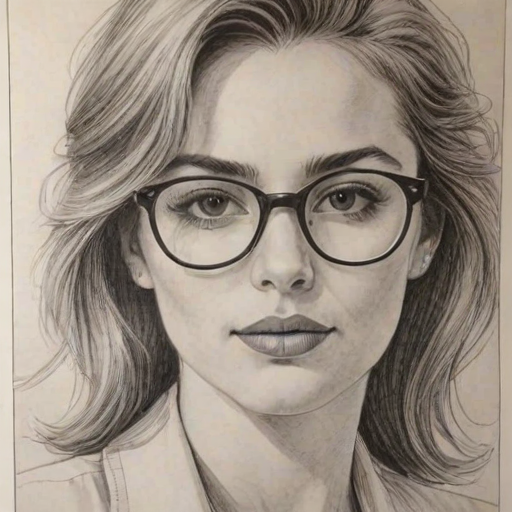 Elegant Maddie Baillio, pencil sketch, portrait of Captivating woman 1980s in glasses, hair style beatnik, outline, clear lines, fine lines, 8k
