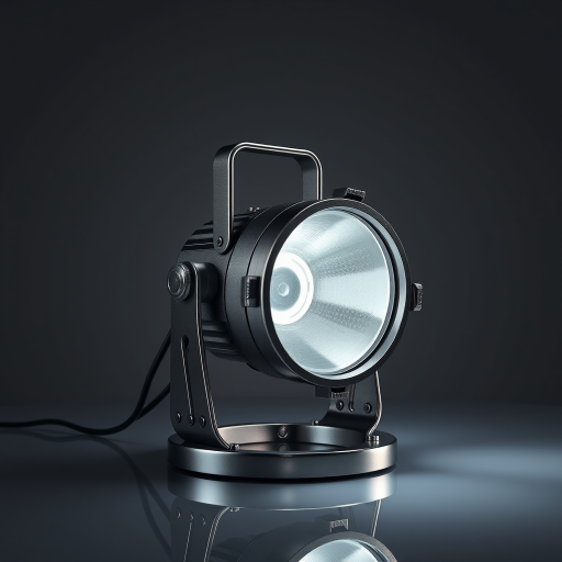 Create a high-resolution 3D render of a vintage-style spot lamp on a reflective surface, using a 35mm lens, aperture f/8, ISO 100, 1/125 sec shutter speed, in a soft studio light setup for enhanced shadows and highlights.