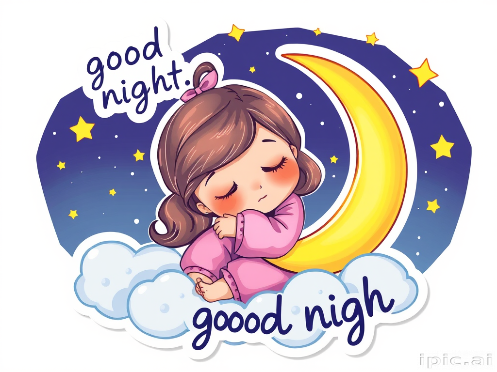 sticker style with white outline, a cute little girl with pink pyjama hugging the crescent moon, sleeping soundless, a whimsical fantasy art style, with glossy toned vibrant vivid color, a stars and clouds as a blanket, cute text 'good night', white background