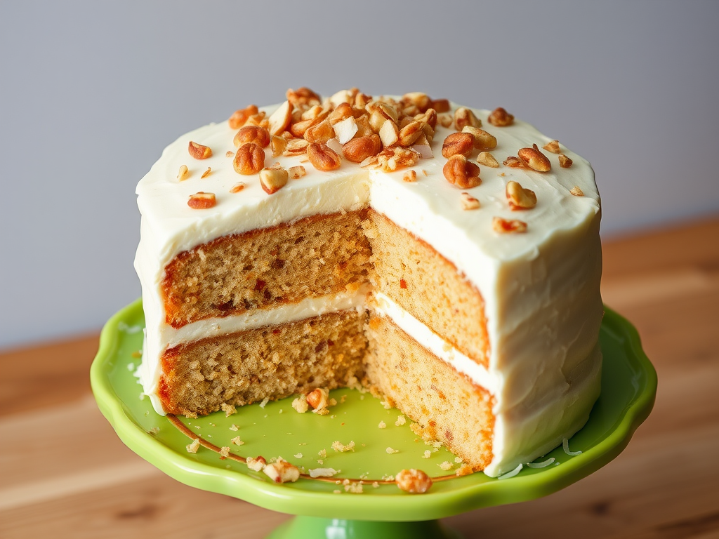 A delicious layered cake with a creamy frosting topped with chopped nuts and coconut flakes displayed on a vibrant green cake stand with a slice removed revealing the moist interior.