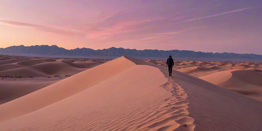 Wind-swept desert dunes, with a solitary figure walking along the crest, the sky turning shades of pink and purple as the sun sets.