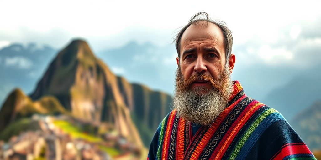 portrait of a man with a beard wearing a colorful poncho in front of Machu Picchu mountains, soft natural light, f/2.8 aperture, 50mm lens, ISO 100, DSLR camera, shallow depth of field, vibrant colors