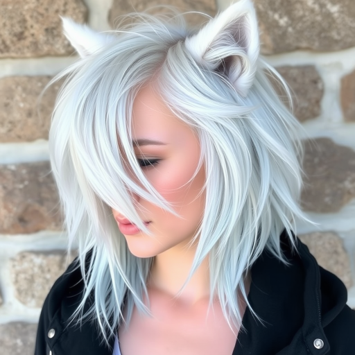 Icy platinum blonde wolf cut with choppy layers and wispy bangs, featuring cool blue undertones for a frosty and edgy aesthetic