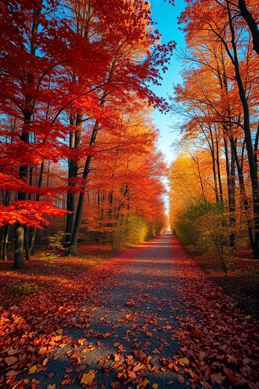 a path covered with autumn leaves in a forest setting, vibrant red and orange foliage on trees, clear blue sky, taken with a Canon EOS 5D Mark IV, 50mm lens, aperture f/2.8, ISO 100, shallow depth of field, natural light, landscape orientation