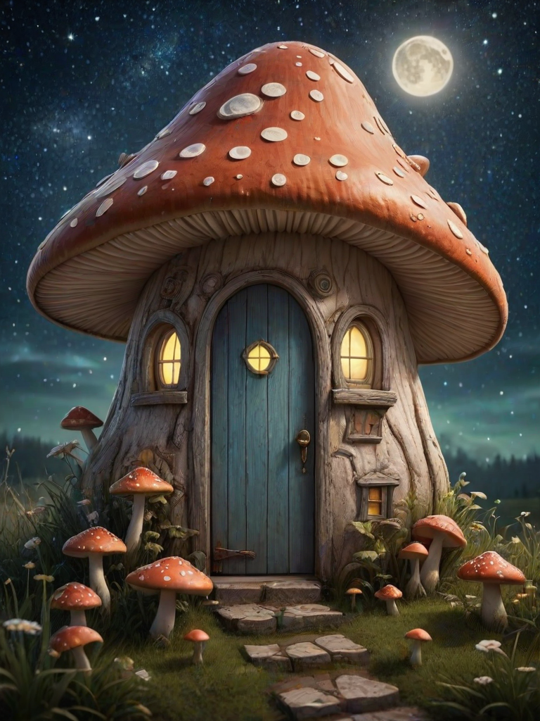 this photo is illustration of a mushroom house with a door and a window, a storybook , fantasy art, mushroom house, bg starry sky, sparkles