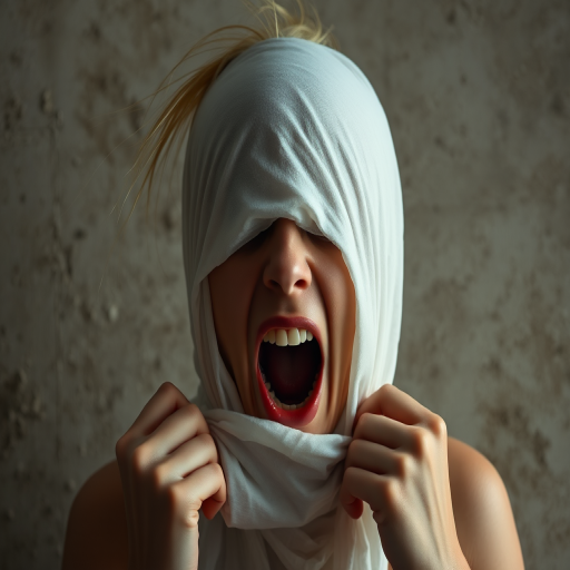 Create a close-up photographic image of the head and torso of a person with light skin tones shown against an old, worn wall. Their head is wrapped in a white cloth covering (i.e.... parts of the head except the nose and mouth, which are open as if they are screaming...), with a slight texture and visible folds in the fabric. Thin strands of blonde hair escape from the wrapping above, falling lightly at the top and sides. Their hands hold the fabric as if they are tugging nervously. The lighting is dramatic and even, casting strong shadows. The image has a minimalist and surreal style with an emphasis on simplicity with soft color tones. The composition is centered.
