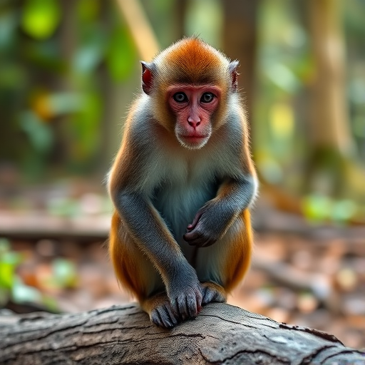 Create a high-resolution image of a monkey sitting on a log in a forest setting, using a DSLR camera with a 50mm lens, aperture set to f/2.8, ISO 200, and a shallow depth of field to blur the background.