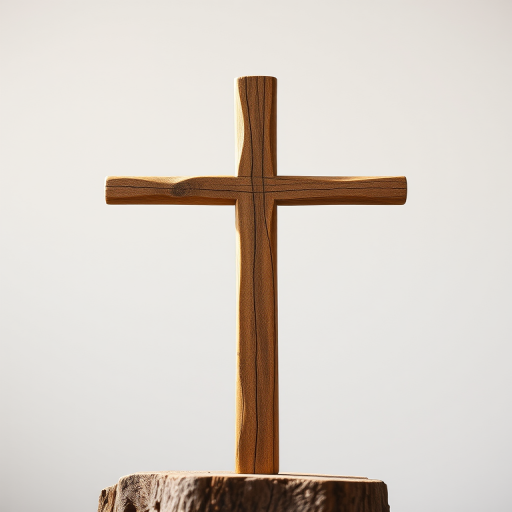 Create a stylized wooden cross against a simple background, using a DSLR camera with a 50mm lens, aperture set to f/2.8, ISO 100, in soft natural lighting to enhance texture and color depth, viewed from a slightly low angle to give perspective.