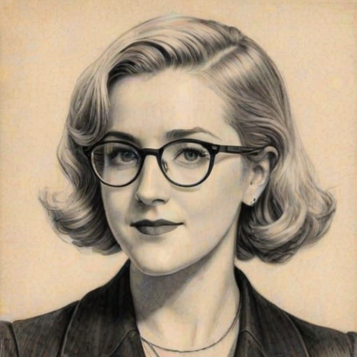 Graceful Hannah Hart, pencil sketch, portrait of Pleasing woman 1935s in glasses, hair style beatnik, outline, clear lines, fine lines, 8k