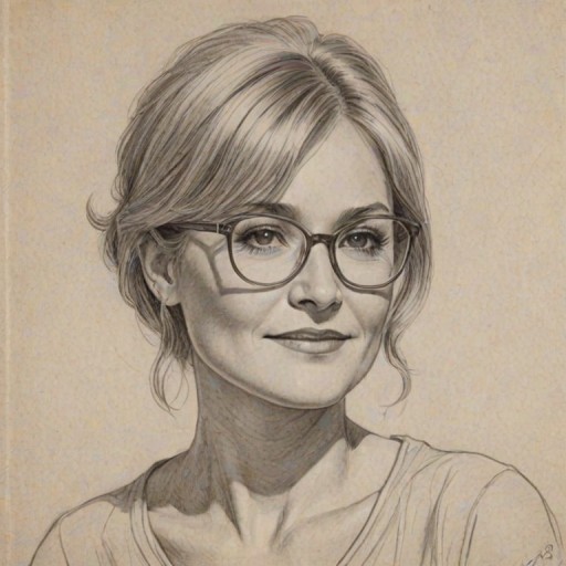 Elegant Dee Wallace, pencil sketch, portrait of Charming woman 1923s in glasses, hair style beatnik, outline, clear lines, fine lines, 8k
