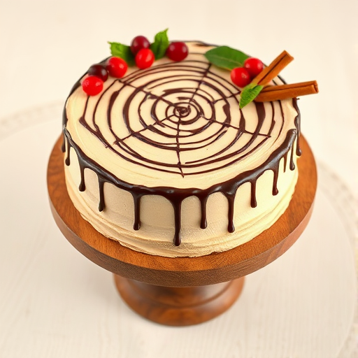 A beautifully decorated cake on a wooden cake stand featuring a smooth beige frosting topped with a circular design of chocolate drizzle and surrounded by fresh cranberries and green leaves, with a couple of cinnamon sticks artfully placed on the side. The background has a soft, neutral tone that complements the cake's warm colors.