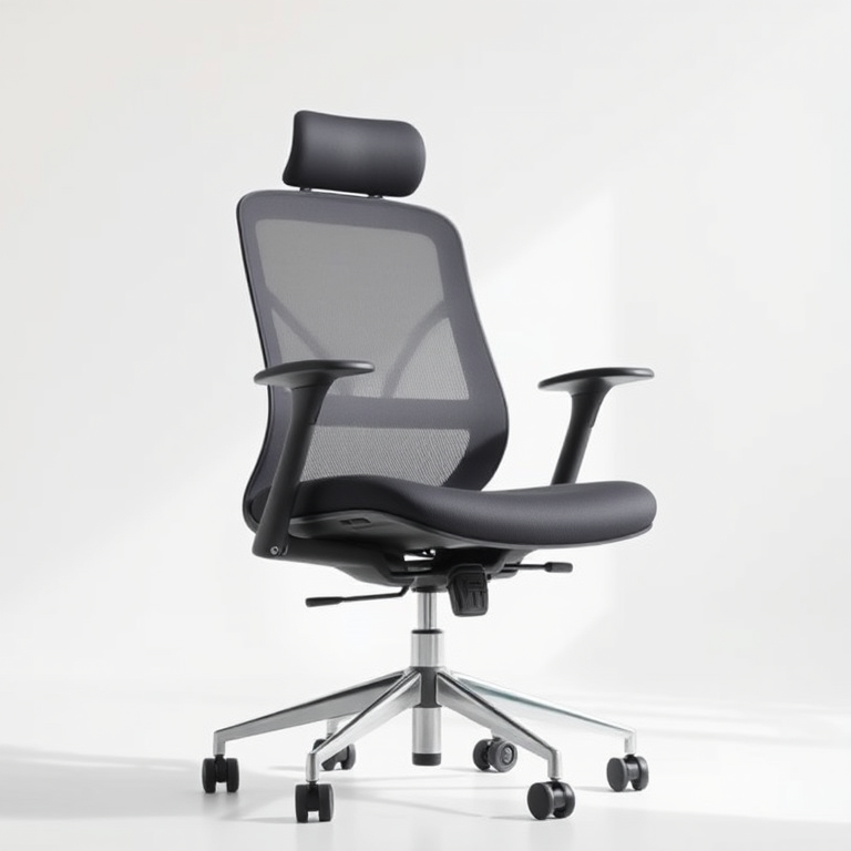 Regenerate the image of a modern ergonomic office chair, with a clean background, focus on the chair's details, 50mm lens, f/2.8 aperture, 1/125 shutter speed, natural lighting, shot from eye level with a slight angle for depth.