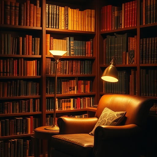 Warmly lit photo of a cozy library corner, with shelves full of old books, a soft leather armchair, and a brass reading lamp casting a warm glow over the scene.