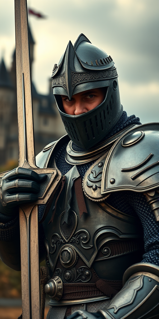Create a highly detailed portrait of a medieval knight in ornate armor, holding a sword, with a castle in the background, shot with a DSLR camera at 50mm f/1.8, aperture set to f/2.8 for soft bokeh, ISO 100 for clarity, and a shallow depth of field, using a dramatic lighting style to enhance textures and colors.