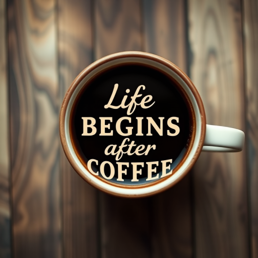 Create a high-quality image of a coffee cup with the text "Life BEGINS after COFFEE" in an artistic font, using a vintage style, shot from a top-down view with a shallow depth of field, aperture set at f/2.8, ISO 100, and a DSLR camera.