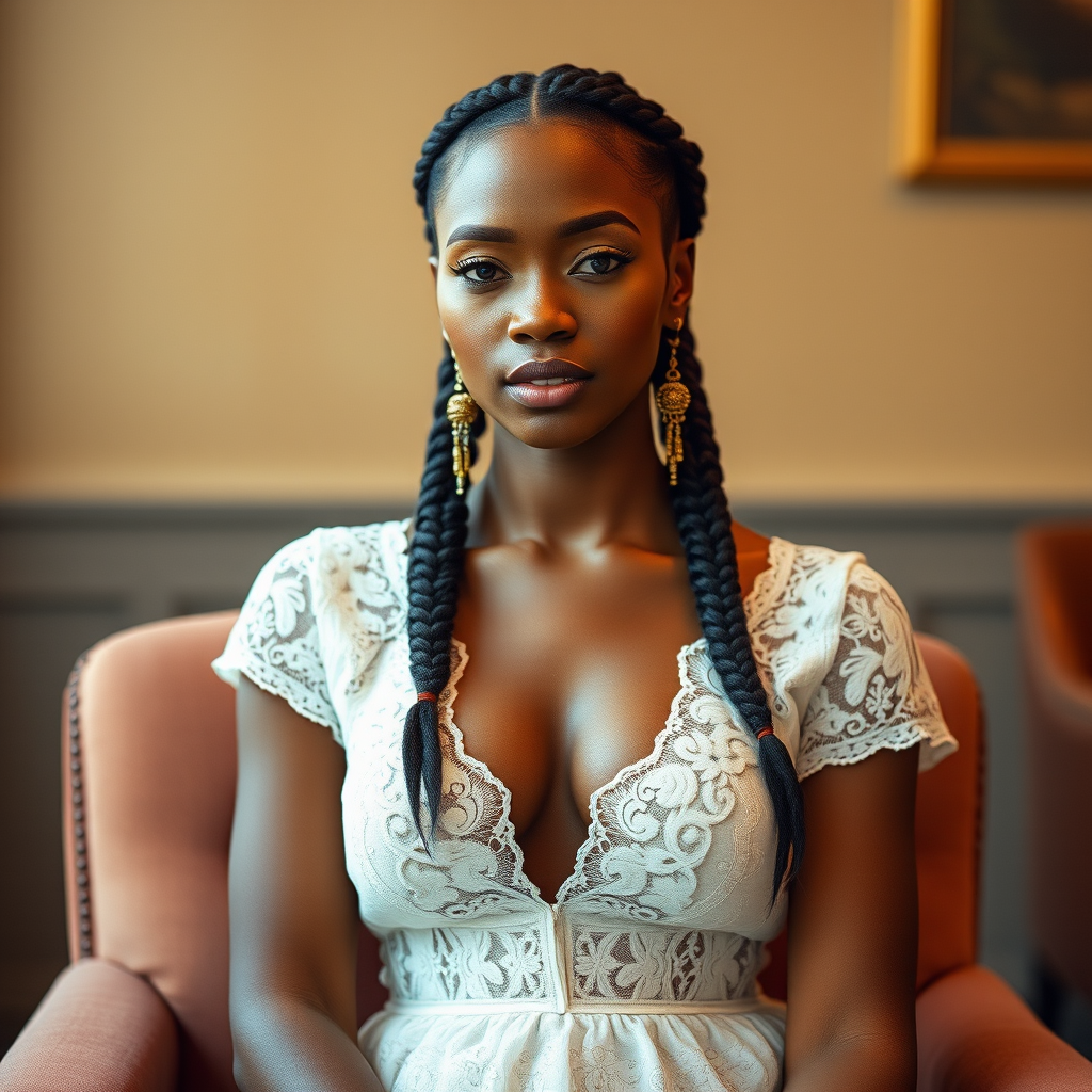 Create a portrait of a refined and elegant Oromo woman seated in a sophisticated setting. She has long, wavy hair styled in two thick braids that are pulled over her shoulders. She wears a white, lace gown with intricate patterns, featuring a deep V-neckline and short sleeves. The dress exudes a vintage charm with its delicate lacework. She is adorned with ornate, dangling earrings that add a touch of glamour to her appearance. The background is softly lit, with warm, ambient lighting that creates a cozy and inviting atmosphere. Her expression is poised and serene, capturing a sense of grace and elegance.