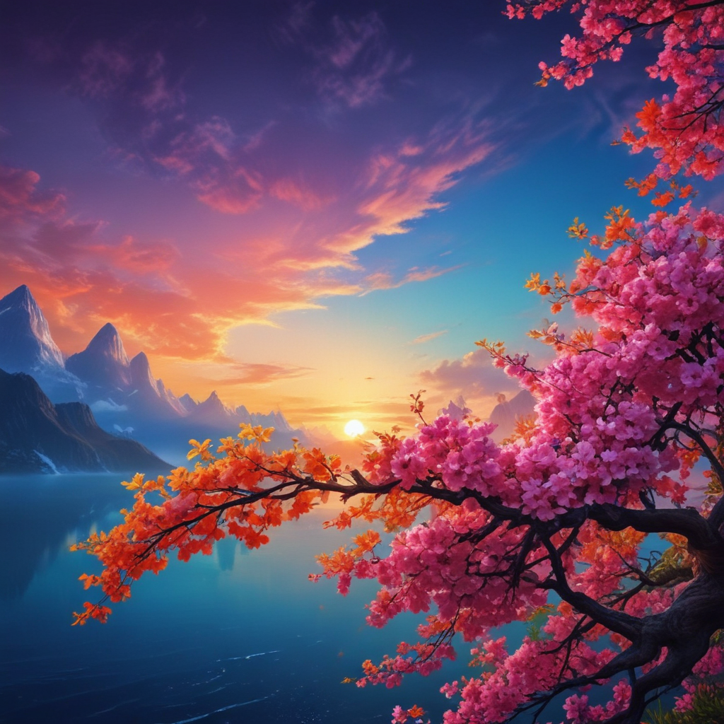 Serene Sunset Over Tranquil Waters with Blooming Cherry Blossom Branches