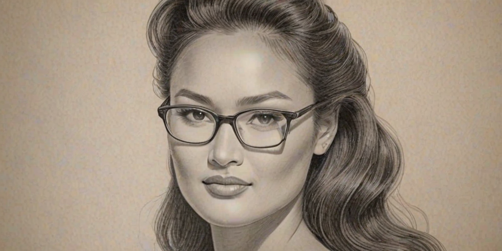 Lovely Tia Carrere, pencil sketch, portrait of Graceful woman 1946s in glasses, hair style beatnik, outline, clear lines, fine lines, 8k