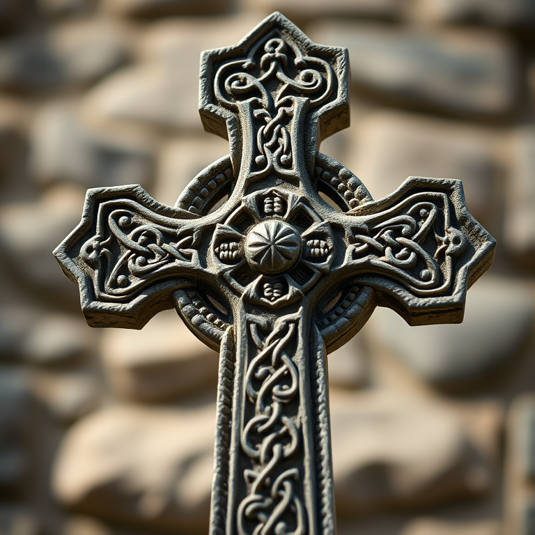 Celtic cross with intricate carvings, soft natural light, f-stop 4.0, shutter speed 1/250s, ISO 200, macro lens, shallow depth of field, taken from a slightly low angle for emphasis, DSLR camera.