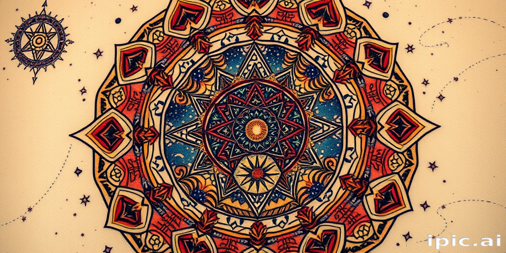 Neotraditional celestial mandala tattoo adorned with intricate constellations, swirling galaxies, and sacred geometry symbols, rendered in rich jewel tones and metallic accents for a mesmerizing three-dimensional effect