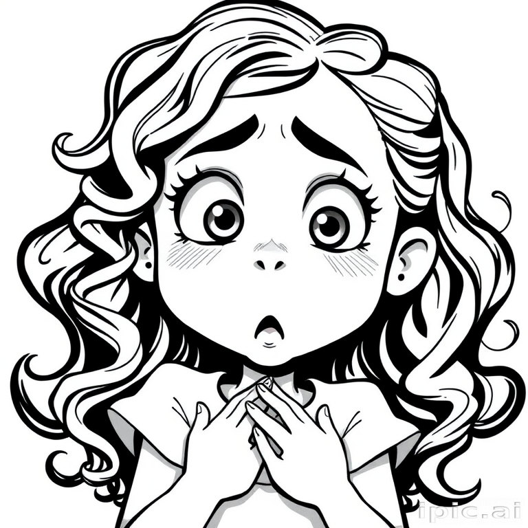 The image is a black and white illustration of a young girl with curly hair. She has a surprised expression on her face with her mouth open and her hands clasped together in front of her chest. Her eyes are wide and her eyebrows are furrowed. Her hair is styled in loose curls that are cascading down her back. The overall mood of the image is one of shock or surprise.