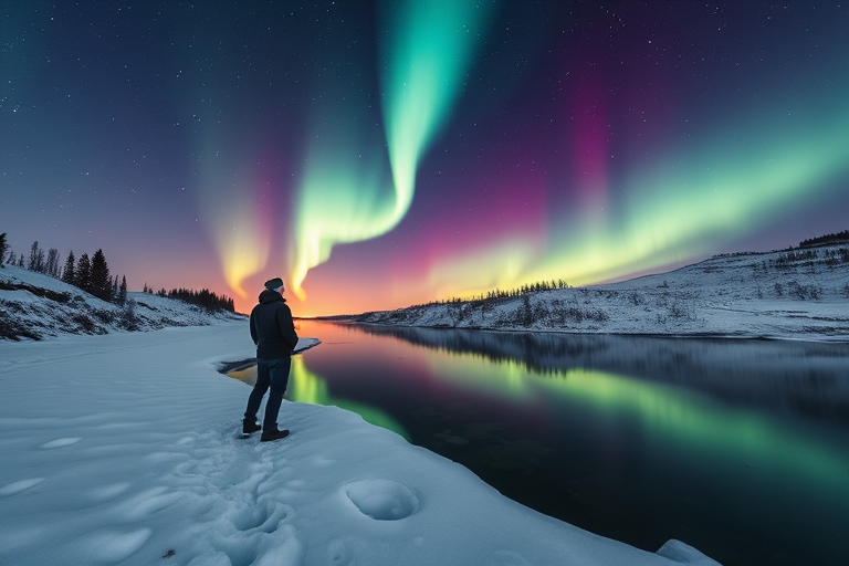 Generate a high-resolution image of a person standing by a serene, snowy river under a mesmerizing aurora borealis night sky with stars twinkling, using a DSLR camera, with a 24mm lens, aperture set to f/2.8, ISO 800, exposure time of 15 seconds, and a low-angle view to capture the reflection on the water.