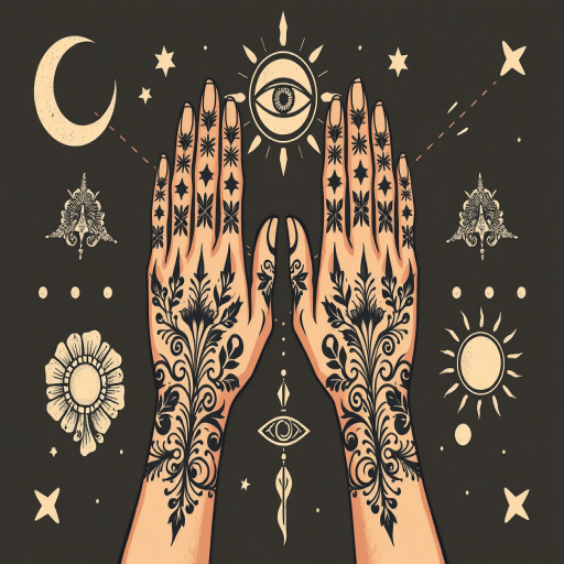 Create an illustration of two stylized hands with intricate tattoo designs, surrounded by celestial elements like a crescent moon, an eye symbol, and a sun, using a high-resolution digital art style; camera settings: f/4.0, ISO 100; camera view: top-down; camera type: mirrorless.