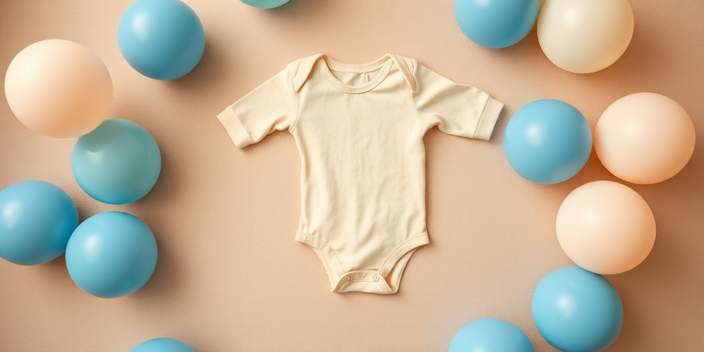 capture a top-down shot of a light beige onesie placed on a neutral background surrounded by blue and cream balloons using a Canon EOS R5 with a 50mm f/1.8 lens at ISO 100, aperture f/2.8, and shutter speed 1/125s for enhanced sharpness and color vibrancy