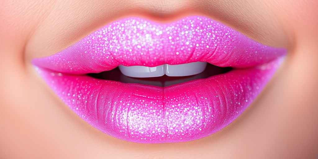 Holographic pink lips dubbed "Galactic Rose" combine a soft pink base with multi-colored sparkles, creating a cosmic and dreamy appearance for celestial-inspired looks