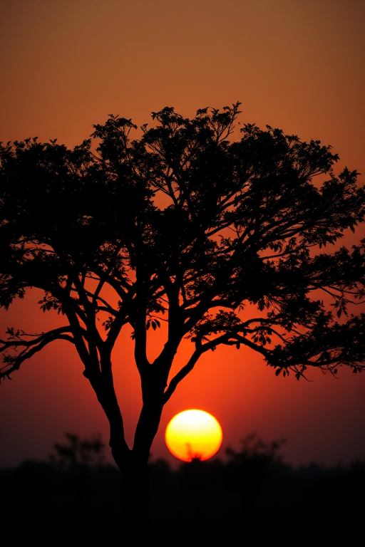 Generate a high-resolution image of a silhouette of a tree against a sunset background, using a Canon EOS R5 camera with a 50mm f/1.2 lens, aperture set to f/2.8, ISO 100, and a focal length of 50mm, capturing the scene in a soft focus style from a low angle.