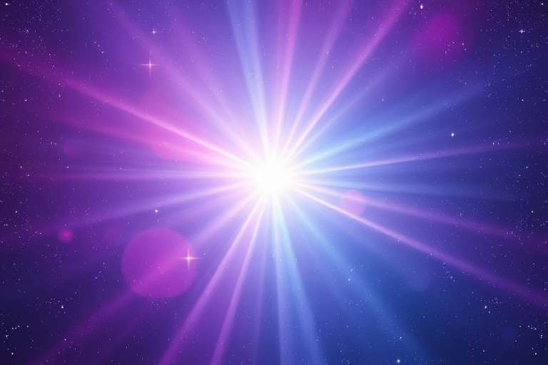 Create a vibrant cosmic scene featuring a gradient of purple and blue hues with radiant light beams shining through, showcasing sparkling stars, captured with a DSLR camera at ISO 100, f/2.8, 1/60s, wide-angle lens, in a high-resolution format to enhance detail and clarity.