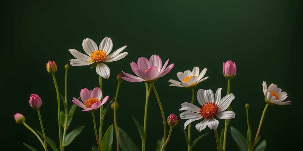 create a digital illustration of spring flowers in a progression of bloom stages against a dark olive green background, with a Canon EOS R mirrorless camera, 50mm lens at f/2.8, ISO 100, and soft diffused lighting for enhanced color vibrancy and detail.
