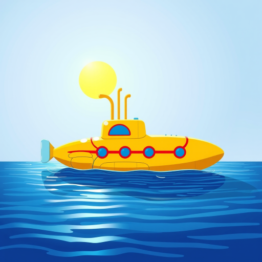 Create a colorful illustration of a yellow submarine floating on calm water under a bright sun, using a 35mm lens, f/8 aperture, and soft lighting to enhance the vibrant colors and details, and apply a vector art style for a clean and modern look.
